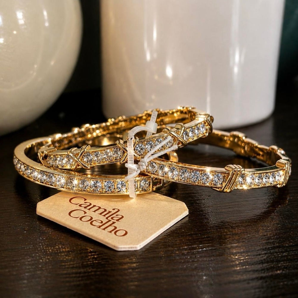 Camila Coelho Bangles Women OS Gold NWT Set of 3 Crystal Hinged Glam Jewelry